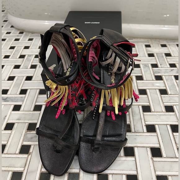 Saint Laurent Gladiator Sandals with Leather fringe - multi color - NWOT - 39.5. - Picture 4 of 6